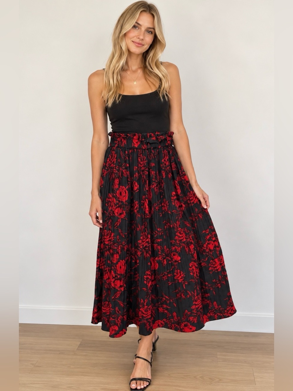 Vince Pleated Floral Midi Skirt - Red Floral on Black